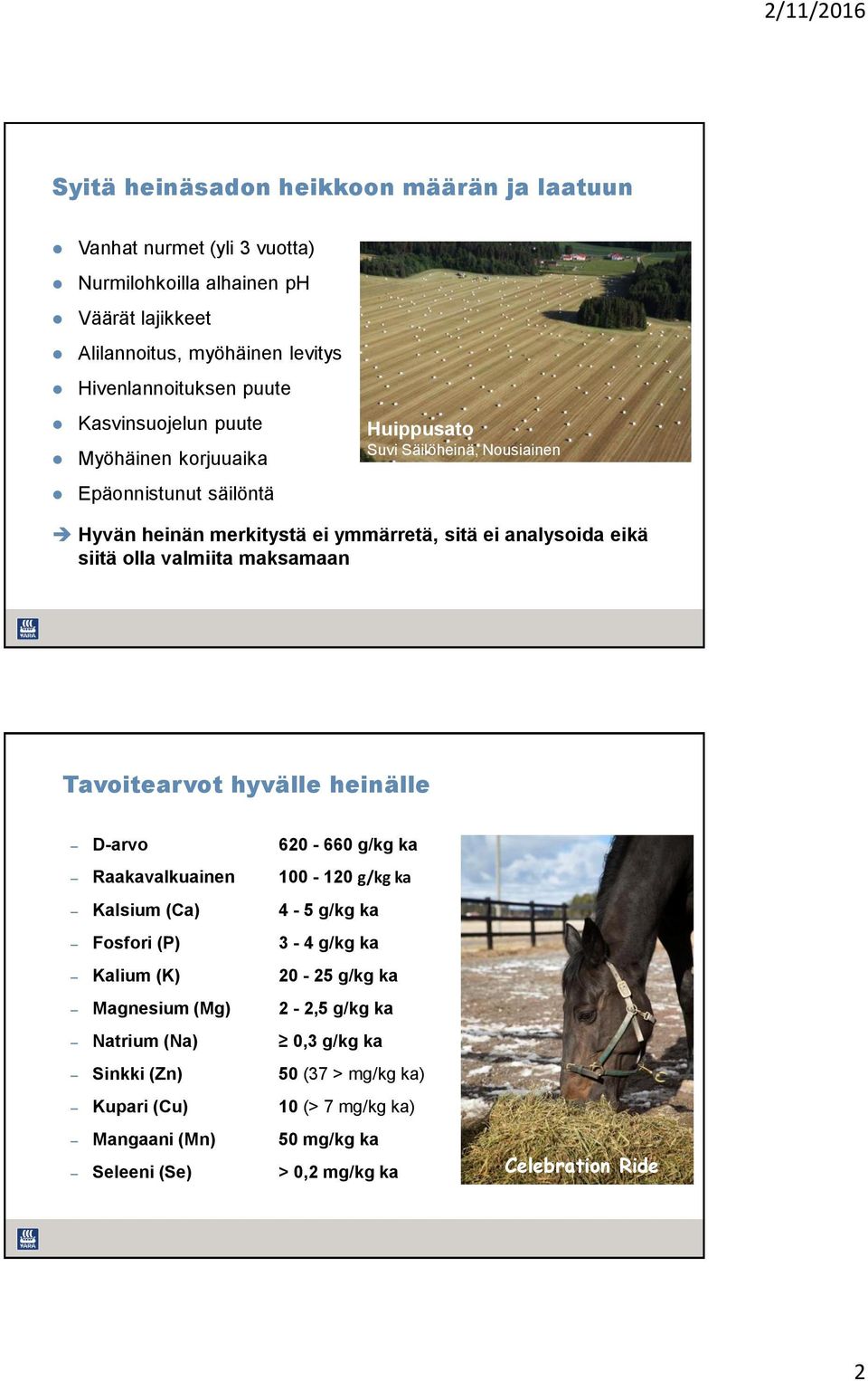 valmiita maksamaan Tavoitearvot hyvälle heinälle D-arvo 620-660 g/kg ka Raakavalkuainen 100-120 g/kg ka Kalsium (Ca) 4-5 g/kg ka Fosfori (P) 3-4 g/kg ka Kalium (K) 20-25 g/kg ka