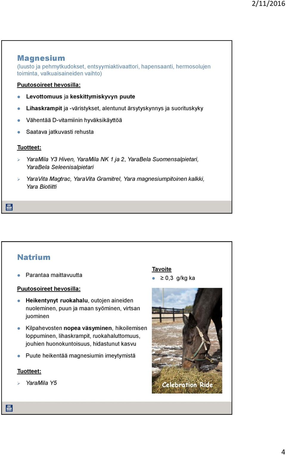 Magtrac, YaraVita Gramitrel, Yara magnesiumpitoinen kalkki, Yara Biotiitti Natrium Parantaa maittavuutta Tavoite 0,3 g/kg ka Heikentynyt ruokahalu, outojen aineiden nuoleminen, puun ja maan syöminen,