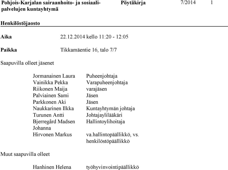 Maija Palviainen Sami Parkkonen Aki Naukkarinen Ilkka Turunen Antti Bjerregård Madsen Johanna Hirvonen Markus Puheenjohtaja