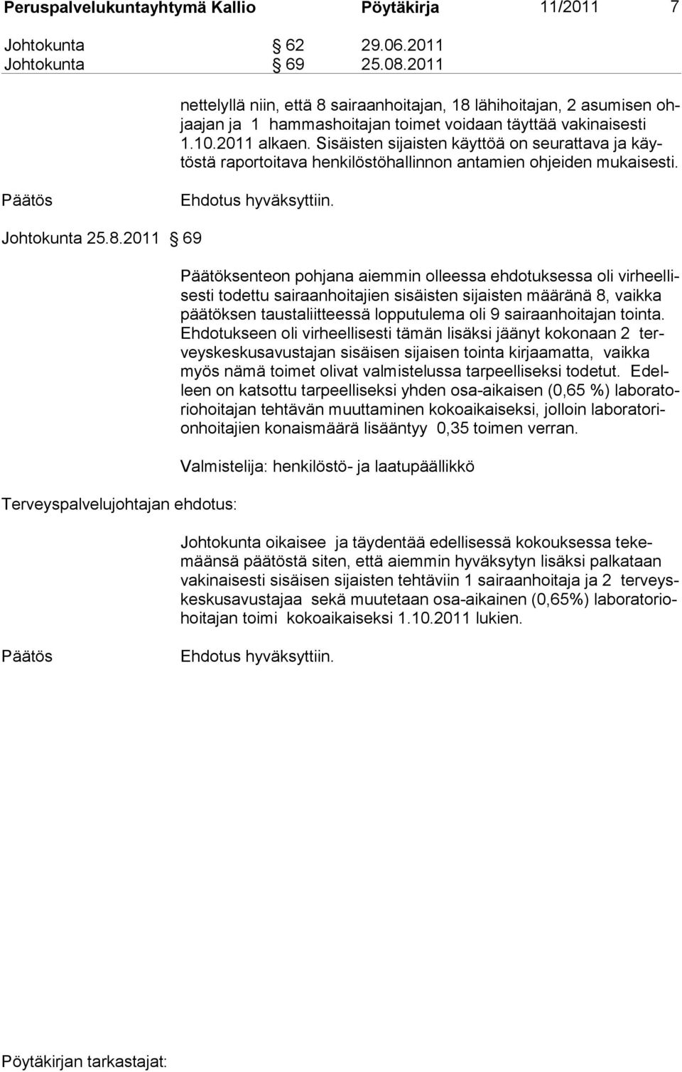 Sisäisten sijaisten käyttöä on seurattava ja käytöstä raportoitava henkilöstöhallinnon antamien ohjeiden mukaisesti. Johtokunta 25.8.