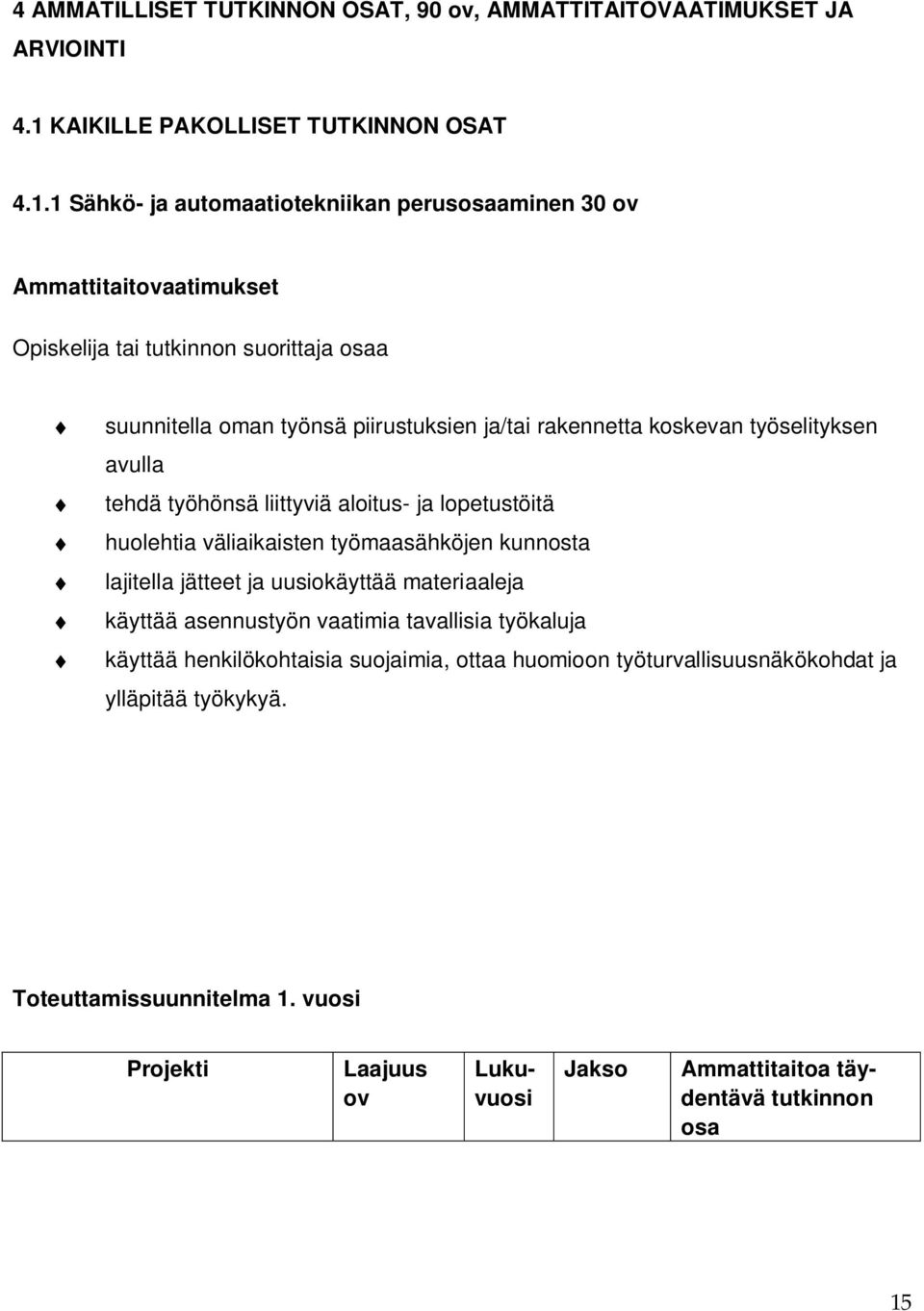 1 Sähkö- ja automaatiotekniikan perusosaaminen 30 ov Ammattitaitovaatimukset Opiskelija tai tutkinnon suorittaja osaa suunnitella oman työnsä piirustuksien ja/tai rakennetta