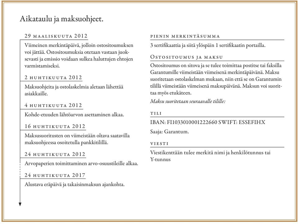 4 huhtikuuta 2012 Kohde-etuuden lähtöarvon asettaminen alkaa. 16 huhtikuuta 2012 Maksusuoritusten on viimeistään oltava saatavilla maksuohjeessa osoitetulla pankkitilillä.