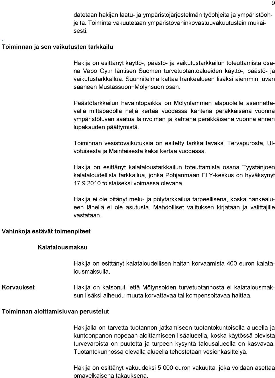 turvetuotantoalueiden käyttö-, päästö- ja vaikutustarkkailua. Suunnitelma kattaa hankealueen lisäksi aiemmin luvan saaneen Mustassuon Mölynsuon osan.