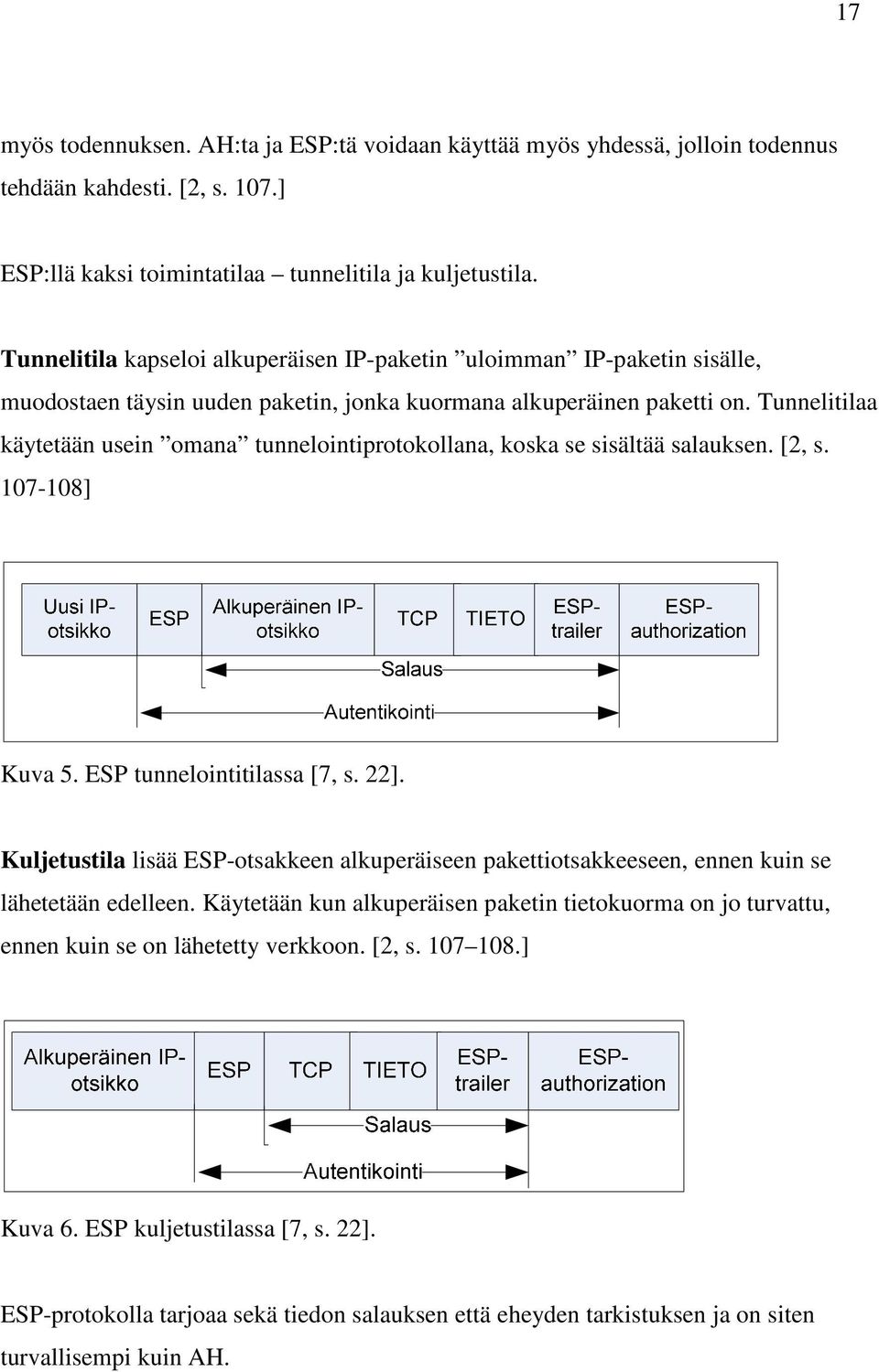 Tunnelitilaa käytetään usein omana tunnelointiprotokollana, koska se sisältää salauksen. [2, s. 107-108] Kuva 5. ESP tunnelointitilassa [7, s. 22].