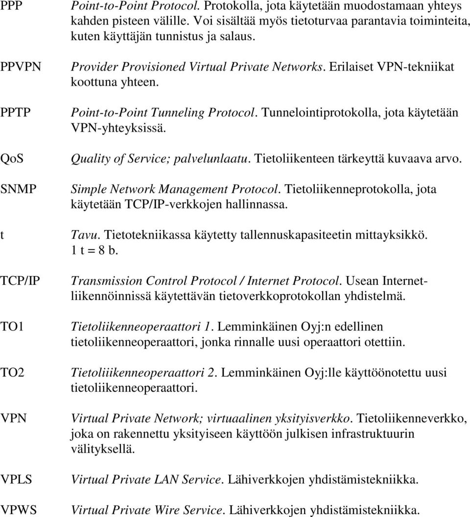 Point-to-Point Tunneling Protocol. Tunnelointiprotokolla, jota käytetään VPN-yhteyksissä. Quality of Service; palvelunlaatu. Tietoliikenteen tärkeyttä kuvaava arvo. Simple Network Management Protocol.