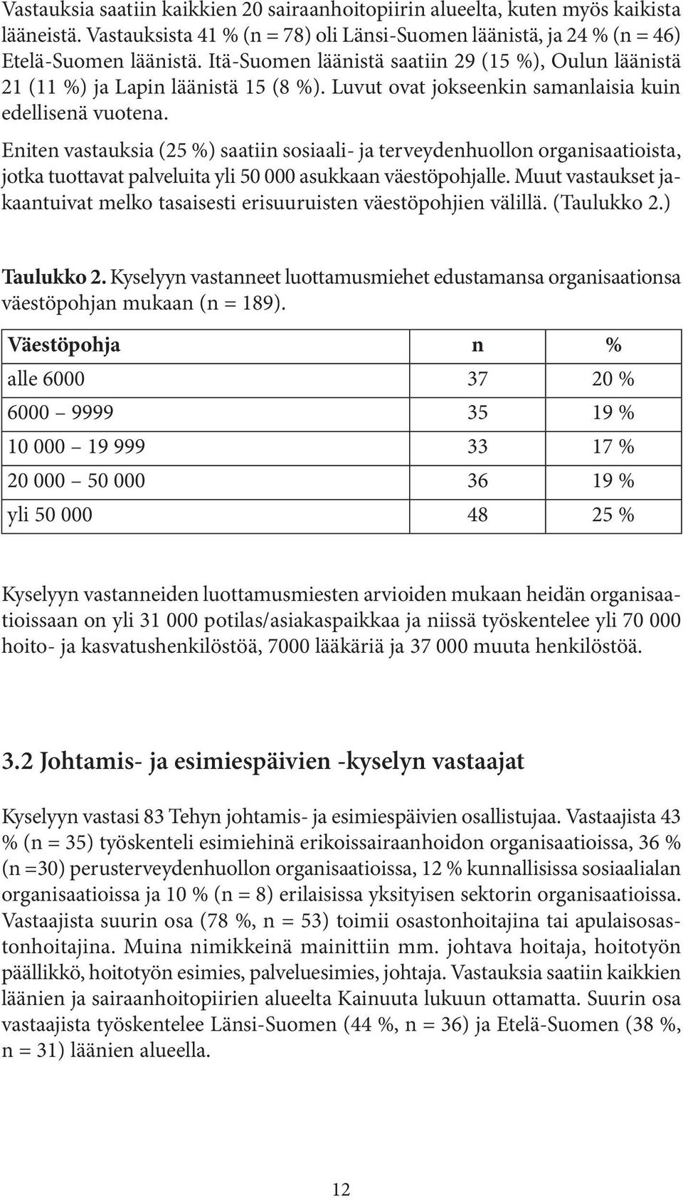 Eniten vastauksia (25 %) saatiin sosiaali- ja terveydenhuollon organisaatioista, jotka tuottavat palveluita yli 50 000 asukkaan väestöpohjalle.