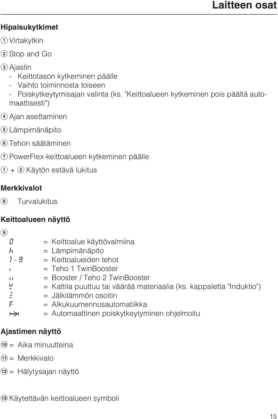 Keittoalueen näyttö 0 = Keittoalue käyttövalmiina ^ = Lämpimänäpito 1-9 = Keittoalueiden tehot f = Teho 1 TwinBooster h = Booster / Teho 2 TwinBooster ß = Kattila puuttuu tai väärää materiaalia