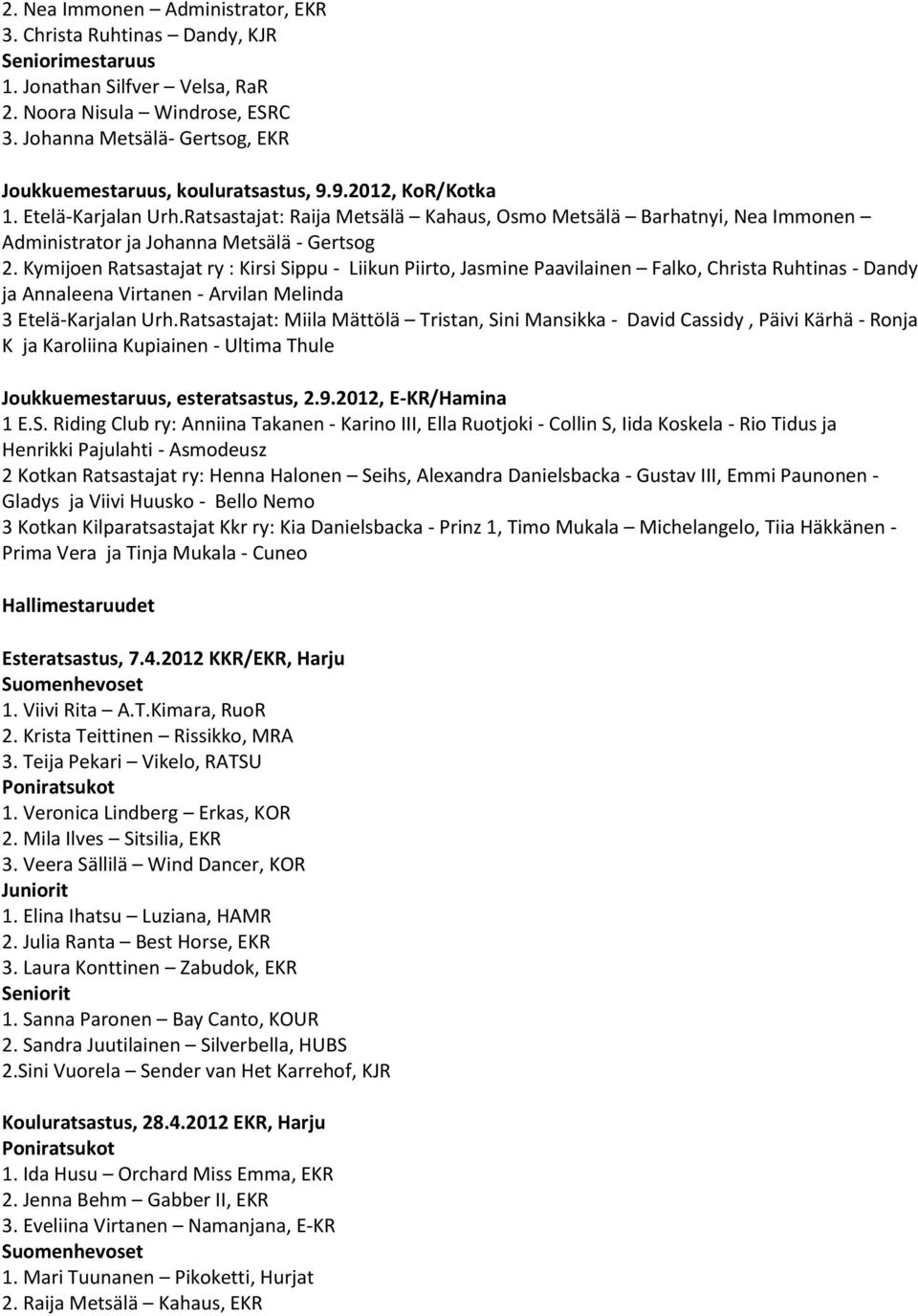 Ratsastajat: Raija Metsälä Kahaus, Osmo Metsälä Barhatnyi, Nea Immonen Administrator ja Johanna Metsälä - Gertsog 2.