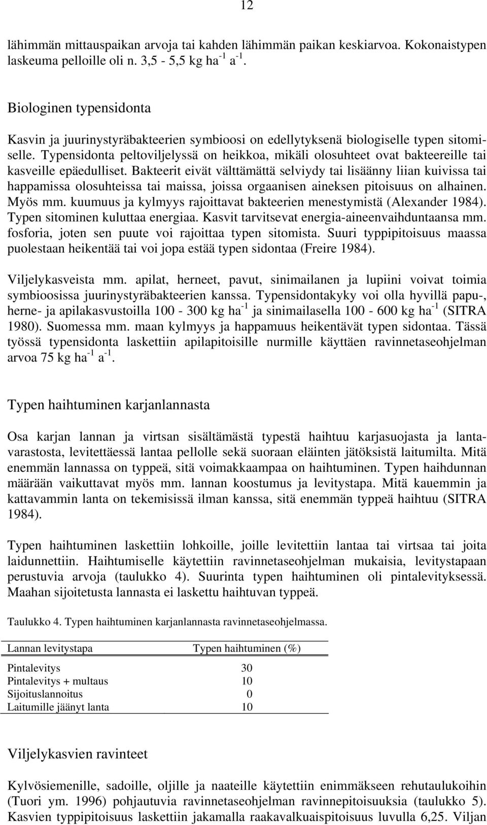 Typensidonta peltoviljelyssä on heikkoa, mikäli olosuhteet ovat bakteereille tai kasveille epäedulliset.