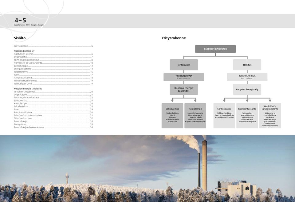 .. 19 Johtokunta TOIMITUSJOHTAJA Kari Väänänen Kuopion Kaupunki Hallitus TOIMITUSJOHTAJA Esa Lindholm Kuopion Energia Liikelaitos Johtokunnan jäsenet... 2 Organisaatio... 21 Toimitusjohtajan katsaus.