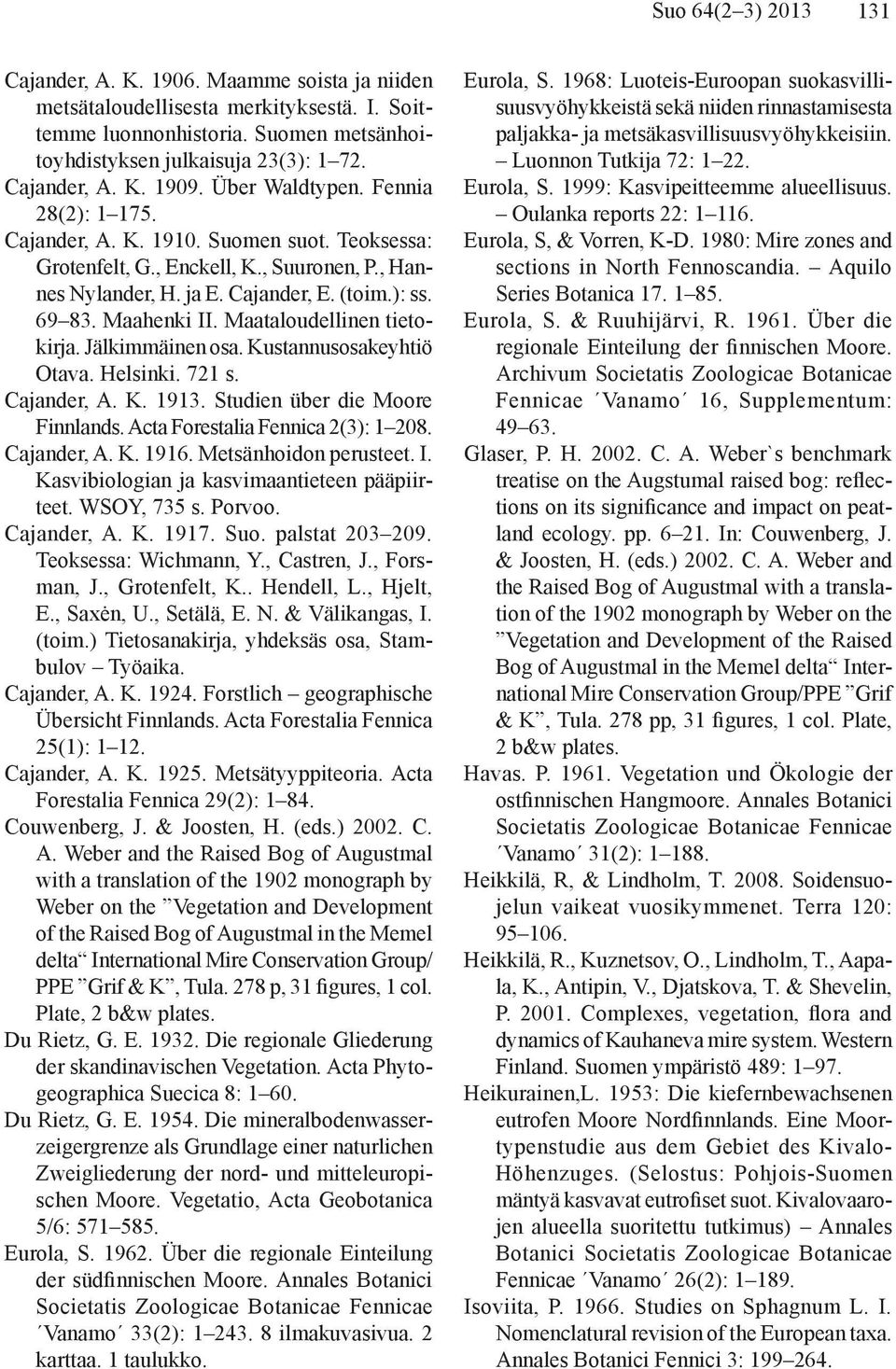 Maataloudellinen tietokirja. Jälkimmäinen osa. Kustannusosakeyhtiö Otava. Helsinki. 721 s. Cajander, A. K. 1913. Studien über die Moore Finnlands. Acta Forestalia Fennica 2(3): 1 208. Cajander, A. K. 1916.