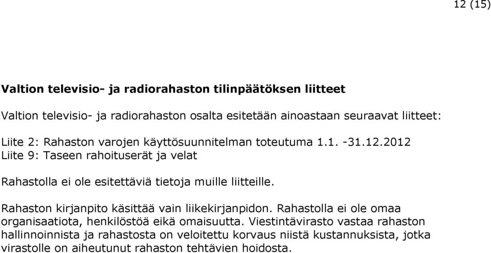 2012 Liite 9: Taseen rahoituserät ja velat Rahastolla ei ole esitettäviä tietoja muille liitteille. Rahaston kirjanpito käsittää vain liikekirjanpidon.