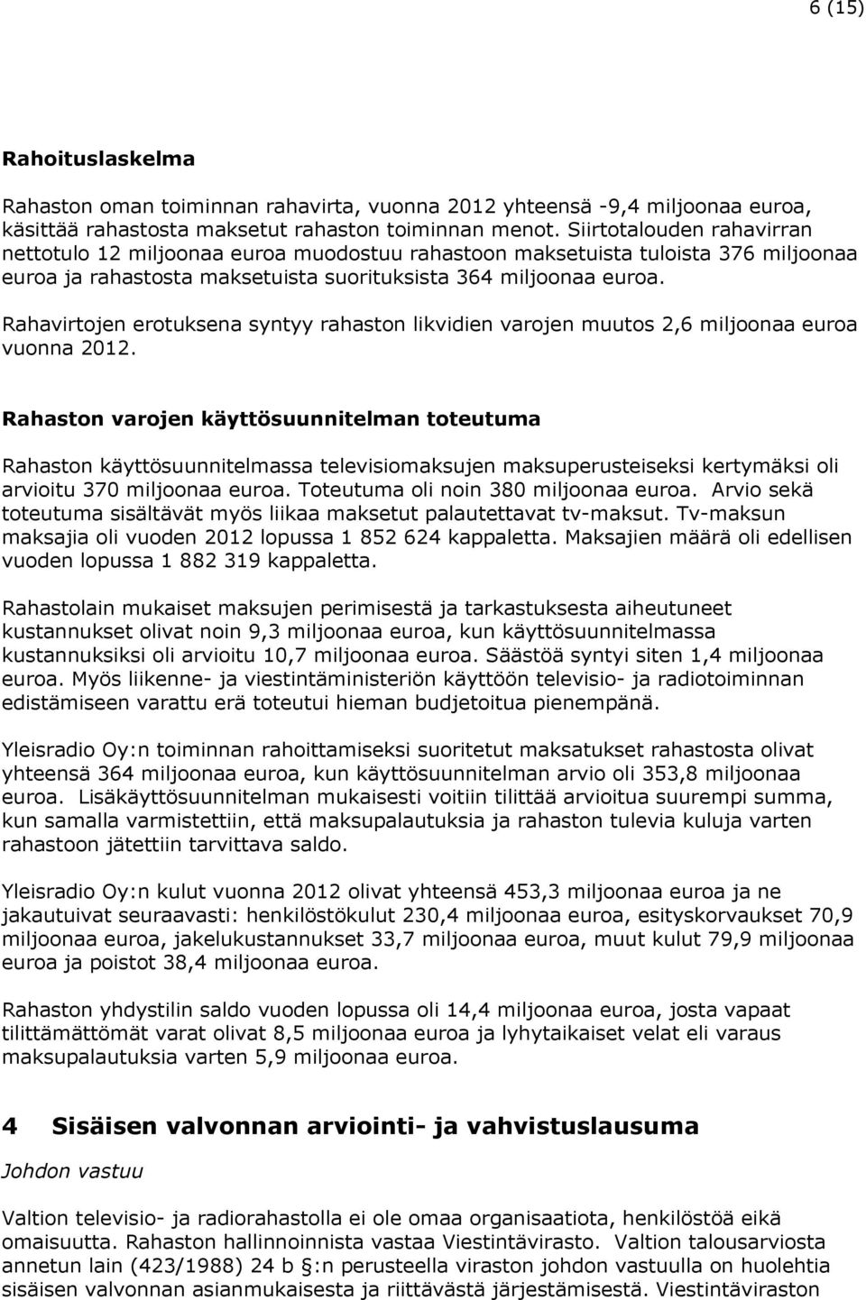 Rahavirtojen erotuksena syntyy rahaston likvidien varojen muutos 2,6 miljoonaa euroa vuonna 2012.