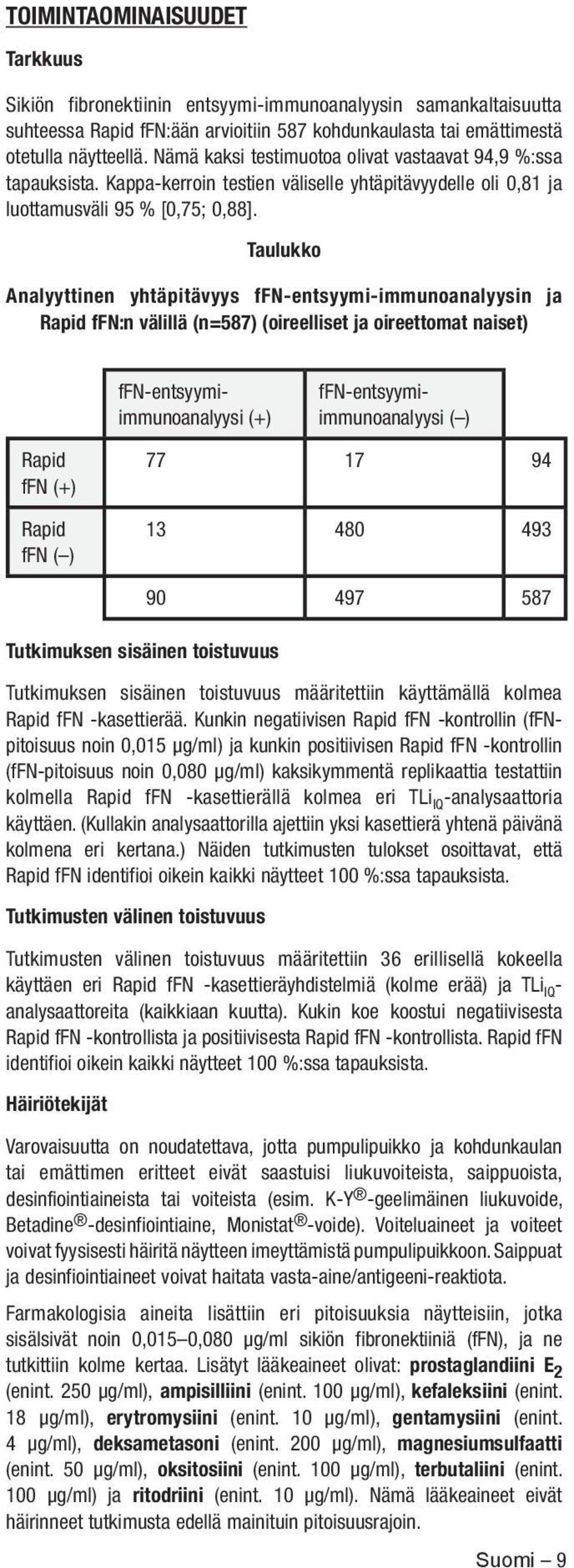 Taulukko Analyyttinen yhtäpitävyys ffn-entsyymi-immunoanalyysin ja Rapid ffn:n välillä (n=587) (oireelliset ja oireettomat naiset) Rapid ffn (+) Rapid ffn ( ) ffn-entsyymiimmunoanalyysi (+)