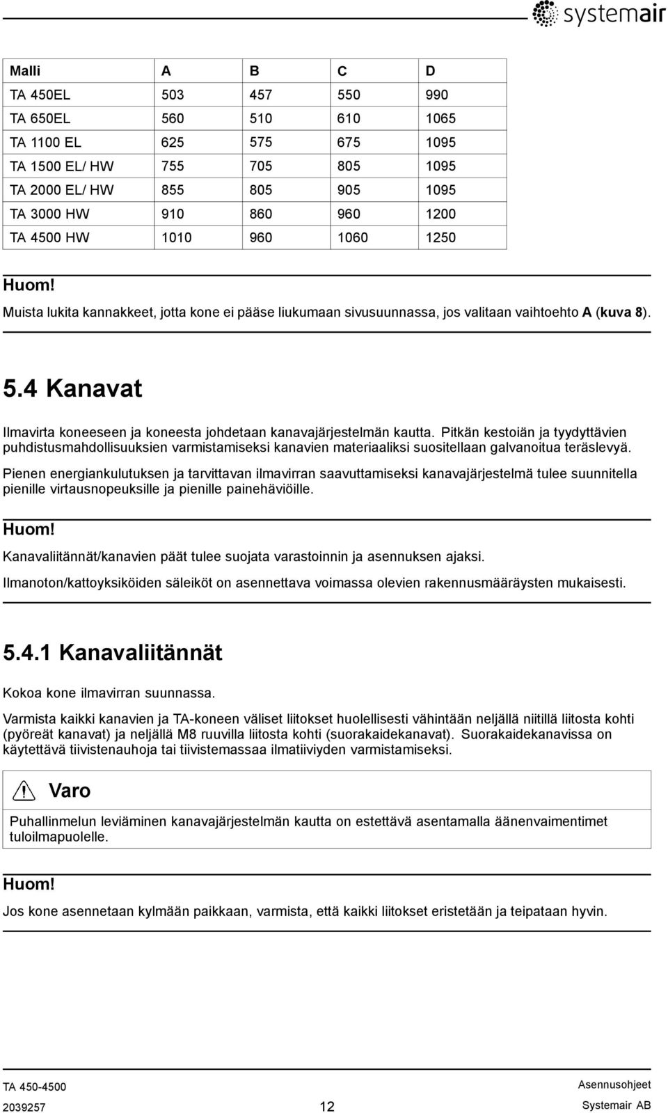 4 Kanavat Ilmavirta koneeseen ja koneesta johdetaan kanavajärjestelmän kautta.