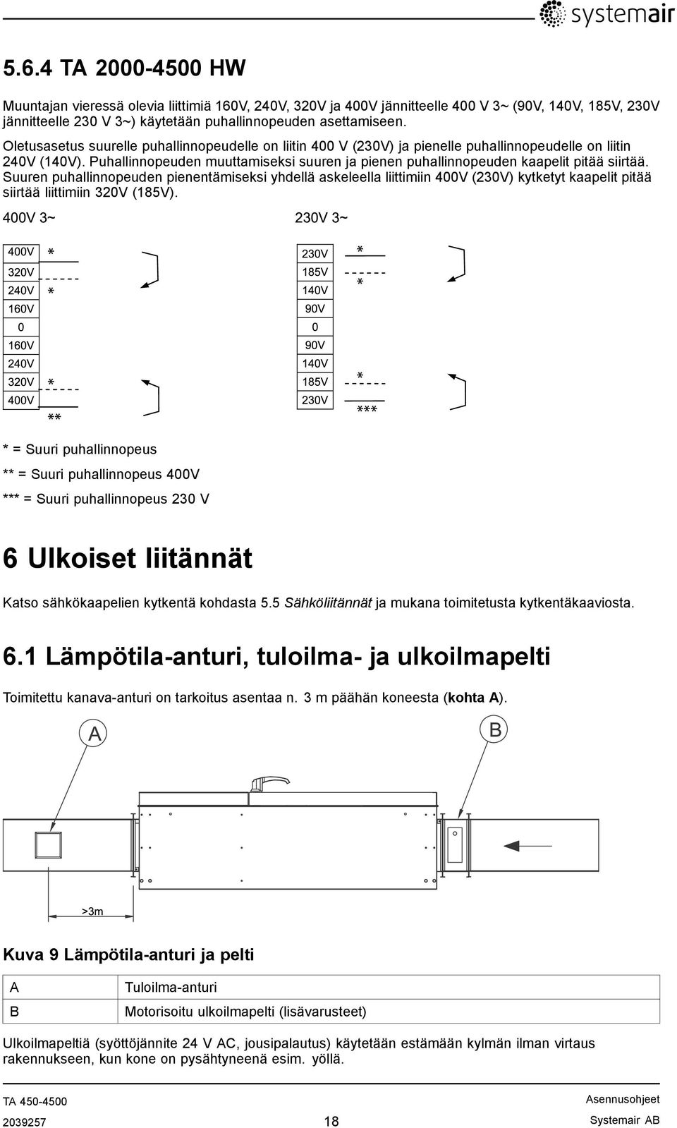 Puhallinnopeuden muuttamiseksi suuren ja pienen puhallinnopeuden kaapelit pitää siirtää.