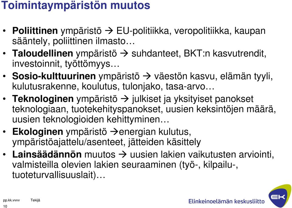 julkiset ja yksityiset panokset teknologiaan, tuotekehityspanokset, uusien keksintöjen määrä, uusien teknologioiden kehittyminen Ekologinen ympäristö energian kulutus,