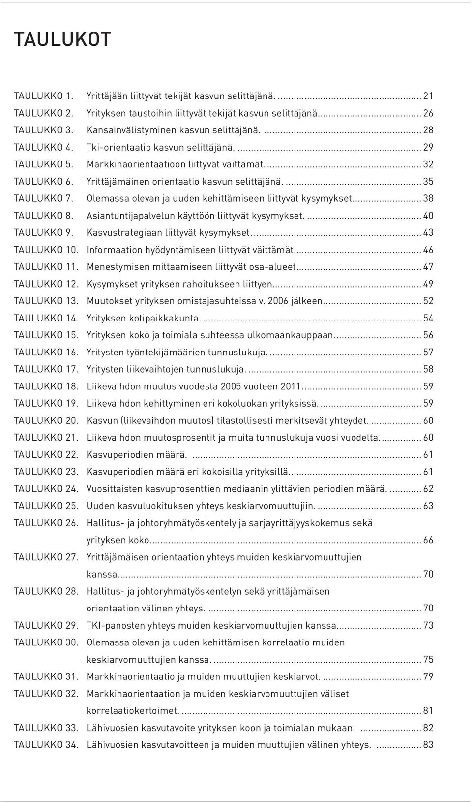 Yrittäjämäinen orientaatio kasvun selittäjänä... 35 Taulukko 7. Olemassa olevan ja uuden kehittämiseen liittyvät kysymykset... 38 Taulukko 8. Asiantuntijapalvelun käyttöön liittyvät kysymykset.