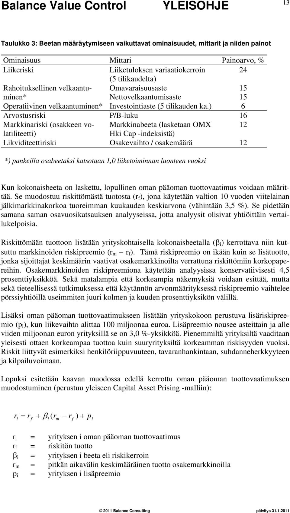 ) 6 Arvostusriski P/B-luku 16 Markkinariski (osakkeen volatiliteetti) Markkinabeeta (lasketaan OMX 12 Hki Cap -indeksistä) Likviditeettiriski Osakevaihto / osakemäärä 12 *) pankeilla osabeetaksi