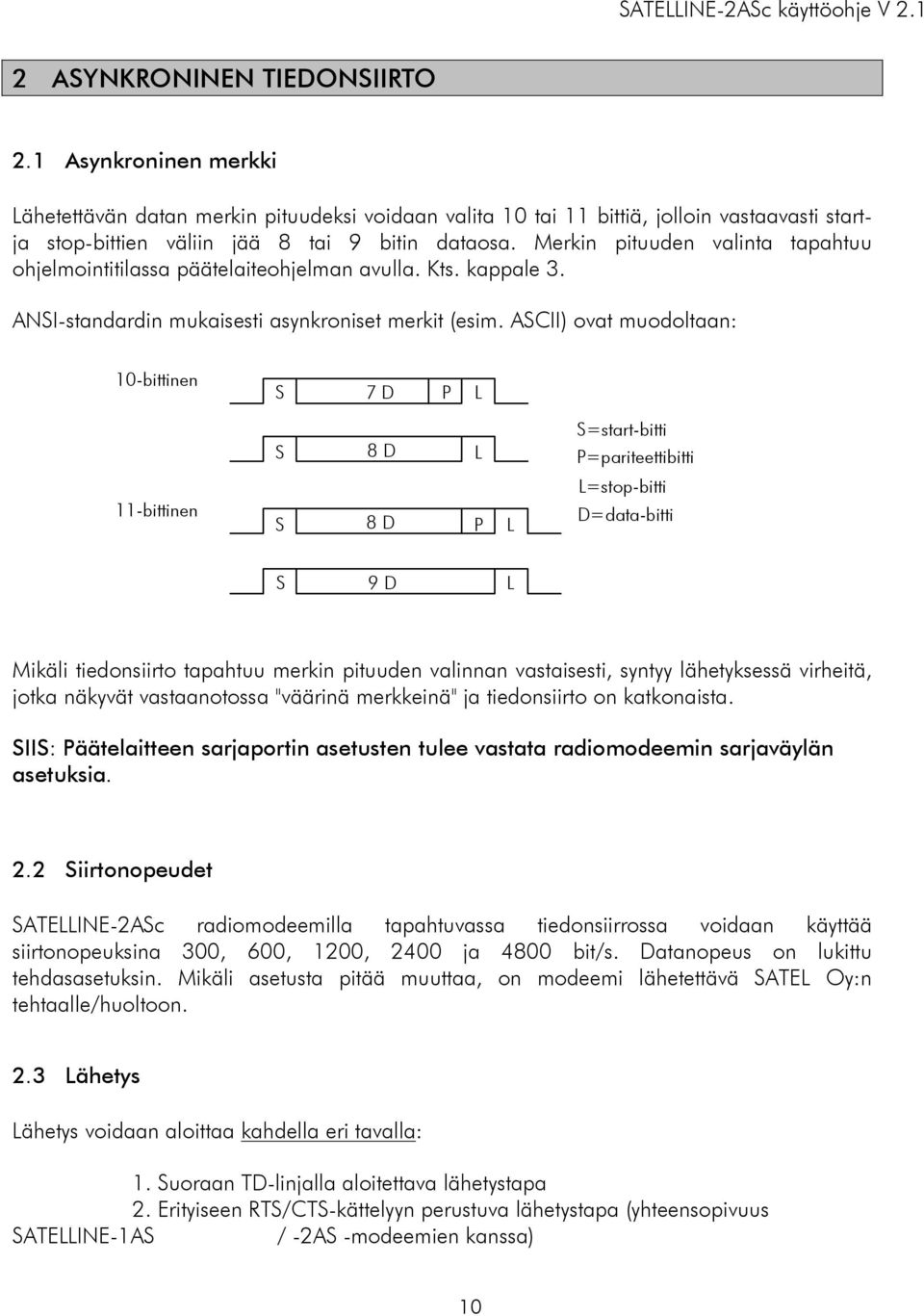 ASCII) ovat muodoltaan: 10-bittinen S 7 D P L 11-bittinen S 8 D L S 8 D P L S=start-bitti P=pariteettibitti L=stop-bitti D=data-bitti S 9 D L Mikäli tiedonsiirto tapahtuu merkin pituuden valinnan