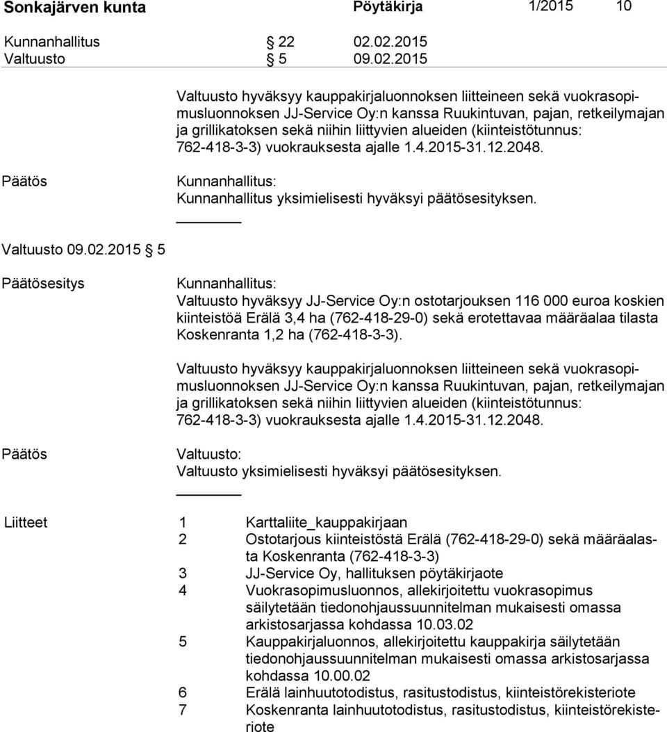 niihin liittyvien alueiden (kiinteistötunnus: 762-418-3-3) vuokrauksesta ajalle 1.4.2015-31.12.2048. Kunnanhallitus yksimielisesti hyväksyi päätösesityksen. Valtuusto 09.02.