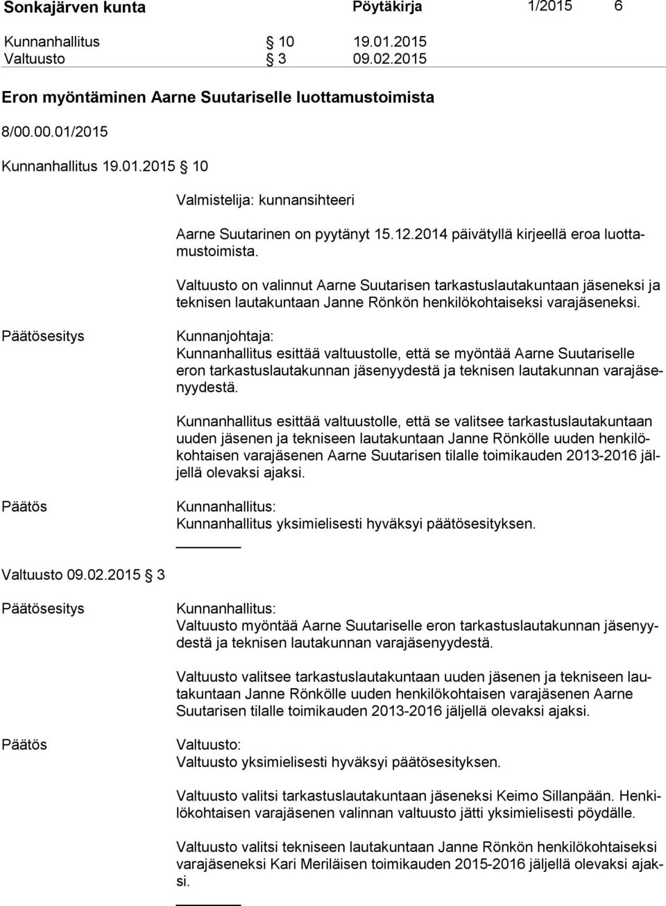 Kunnanjohtaja: Kunnanhallitus esittää valtuustolle, että se myöntää Aarne Suutariselle eron tarkastuslautakunnan yydestä ja teknisen lautakunnan va ra jä senyy des tä.