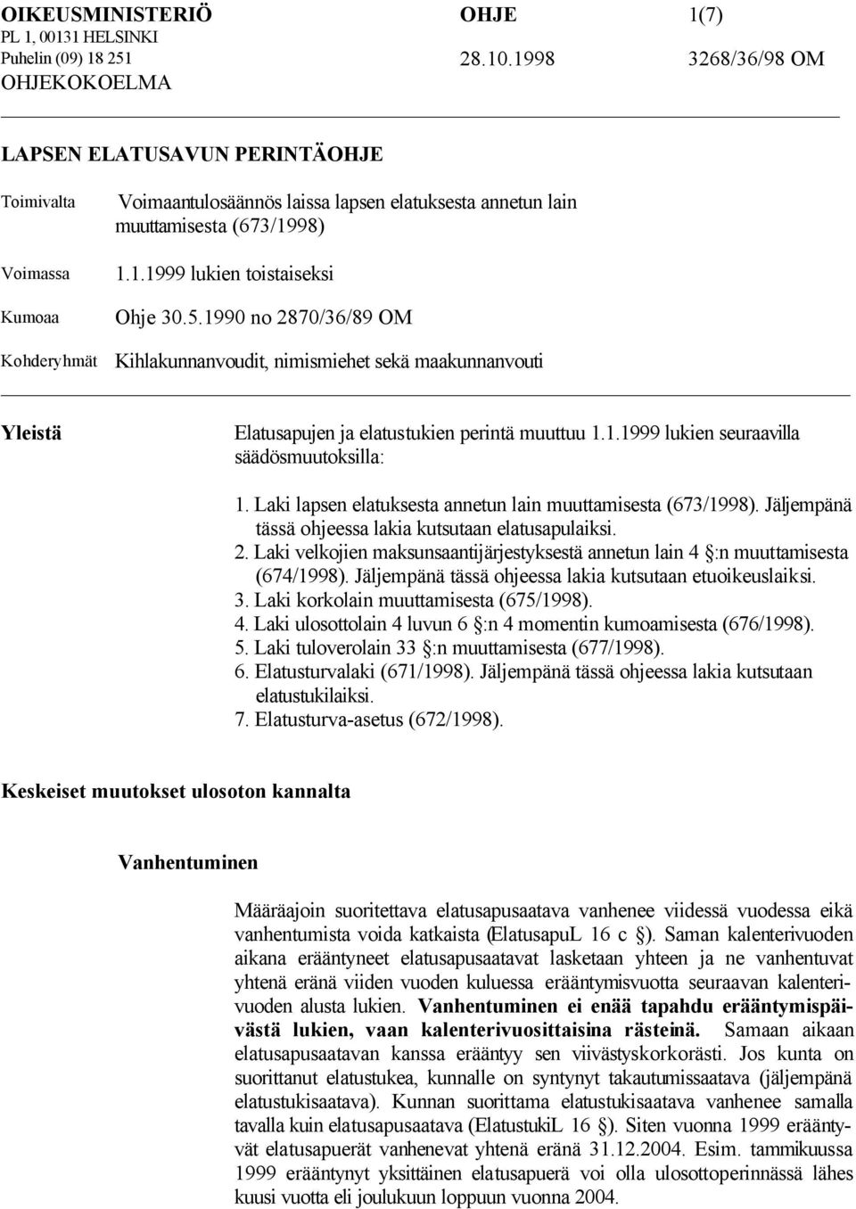 5.1990 no 2870/36/89 OM Kohderyhmät Kihlakunnanvoudit, nimismiehet sekä maakunnanvouti Yleistä Elatusapujen ja elatustukien perintä muuttuu 1.1.1999 lukien seuraavilla säädösmuutoksilla: 1.