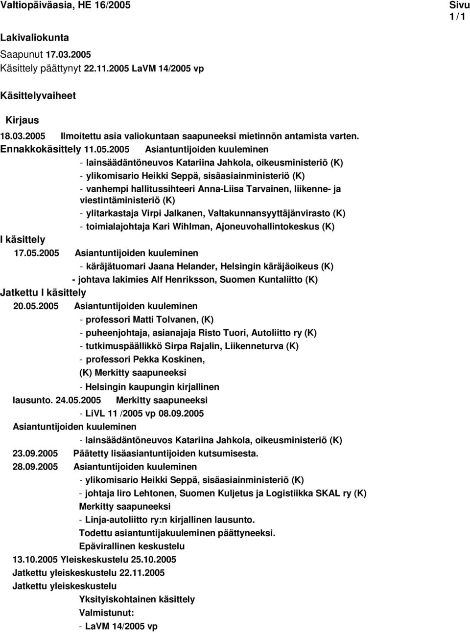 2005 Asiantuntijoiden kuuleminen - lainsäädäntöneuvos Katariina Jahkola, oikeusministeriö (K) - ylikomisario Heikki Seppä, sisäasiainministeriö (K) - vanhempi hallitussihteeri Anna-Liisa Tarvainen,