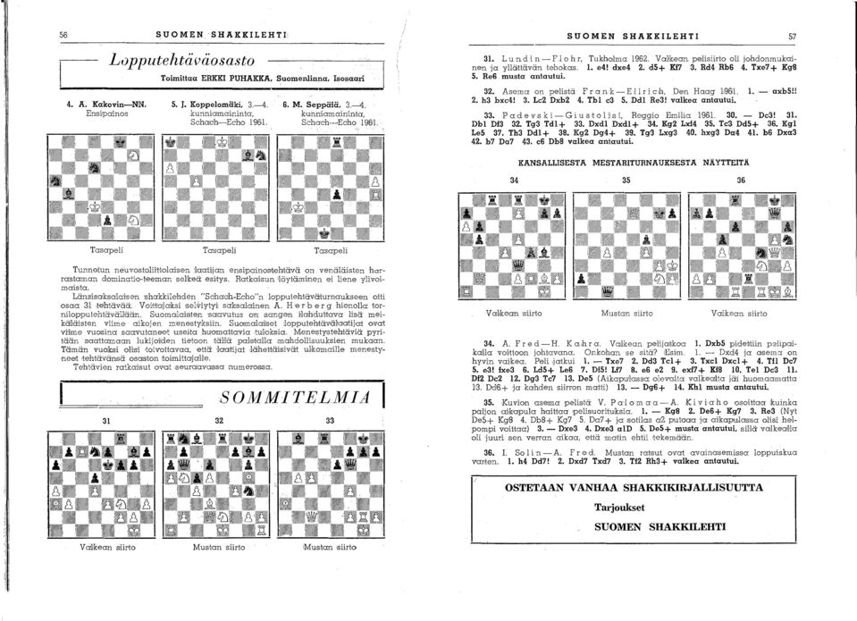 Re6 musta antautui. 32. Asema on pelistä F rank - E :11 r i c h, Den Haag W6il. L - axb5!! 2. h3 bxc4! 3. Lc2 Dxb2 4. Tbl c3 5. Ddl Re3! valkea antautui. 33. Padev,ski-Gius:tolisi, Reggio Emilia 1961.