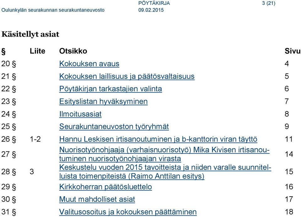 Nuorisotyönohjaaja (varhaisnuorisotyö) Mika Kivisen irtisanoutuminen nuorisotyönohjaajan virasta 14 28 3 Keskustelu vuoden 2015 tavoitteista ja niiden varalle