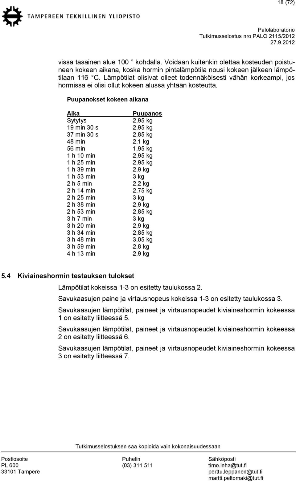 Puupanokset kokeen aikana Aika Puupanos Sytytys 2,95 kg 19 min 3 s 2,95 kg 37 min 3 s 2,85 kg 48 min 2,1 kg 56 min 1,95 kg 1 h 1 min 2,95 kg 1 h 25 min 2,95 kg 1 h 39 min 2,9 kg 1 h 53 min 3 kg 2 h 5