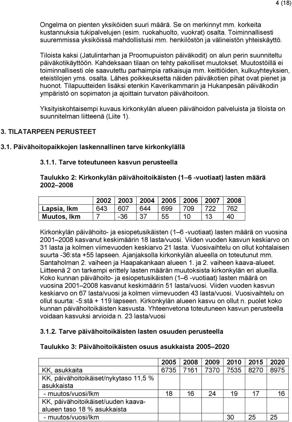 Tiloista kaksi (Jatulintarhan ja Proomupuiston päiväkodit) on alun perin suunniteltu päiväkotikäyttöön. Kahdeksaan tilaan on tehty pakolliset muutokset.