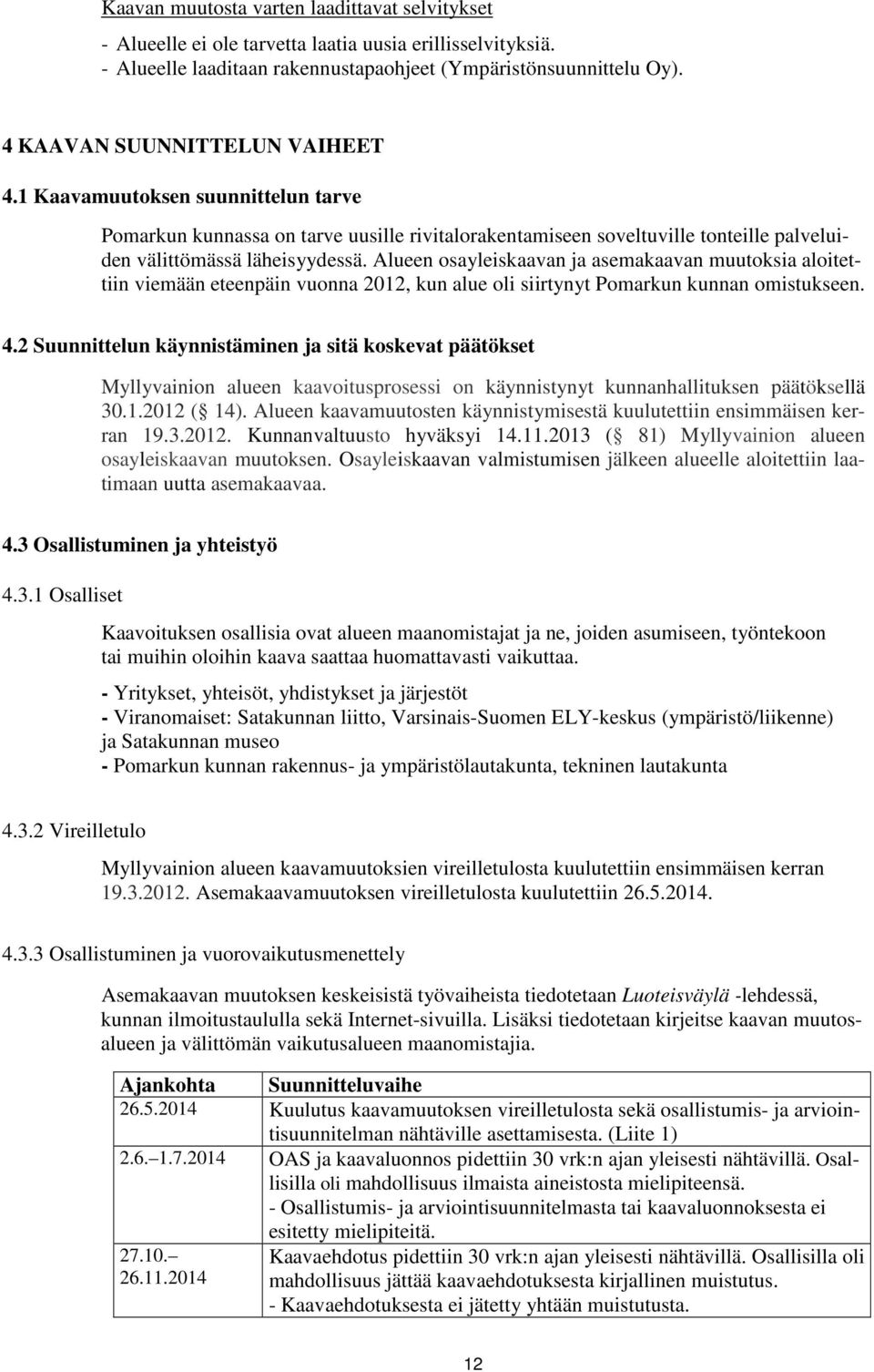 Alueen osayleiskaavan ja asemakaavan muutoksia aloitettiin viemään eteenpäin vuonna 2012, kun alue oli siirtynyt Pomarkun kunnan omistukseen. 4.