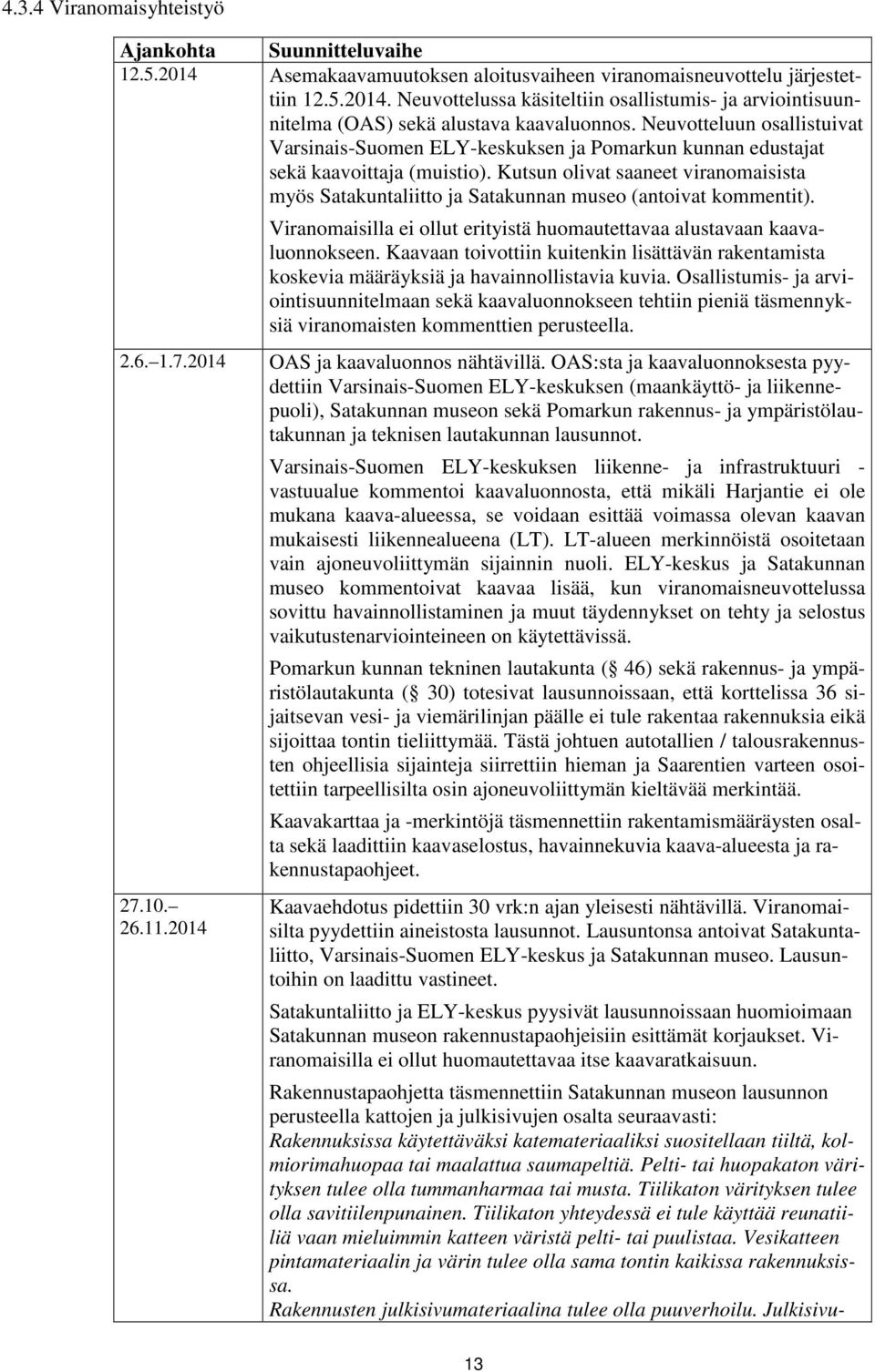 Kutsun olivat saaneet viranomaisista myös Satakuntaliitto ja Satakunnan museo (antoivat kommentit). Viranomaisilla ei ollut erityistä huomautettavaa alustavaan kaavaluonnokseen.