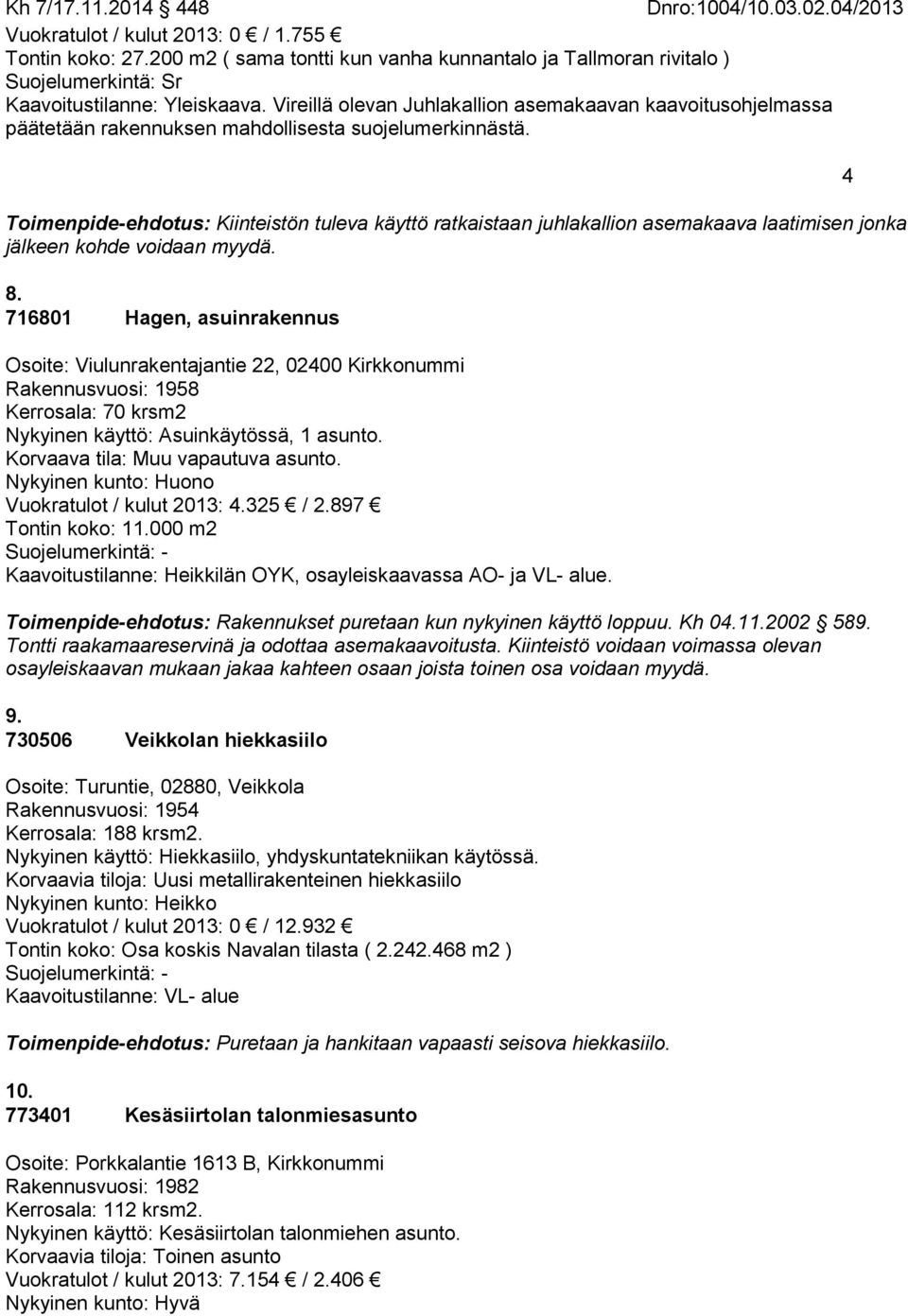 Toimenpide-ehdotus: Kiinteistön tuleva käyttö ratkaistaan juhlakallion asemakaava laatimisen jonka jälkeen kohde voidaan myydä. 8.