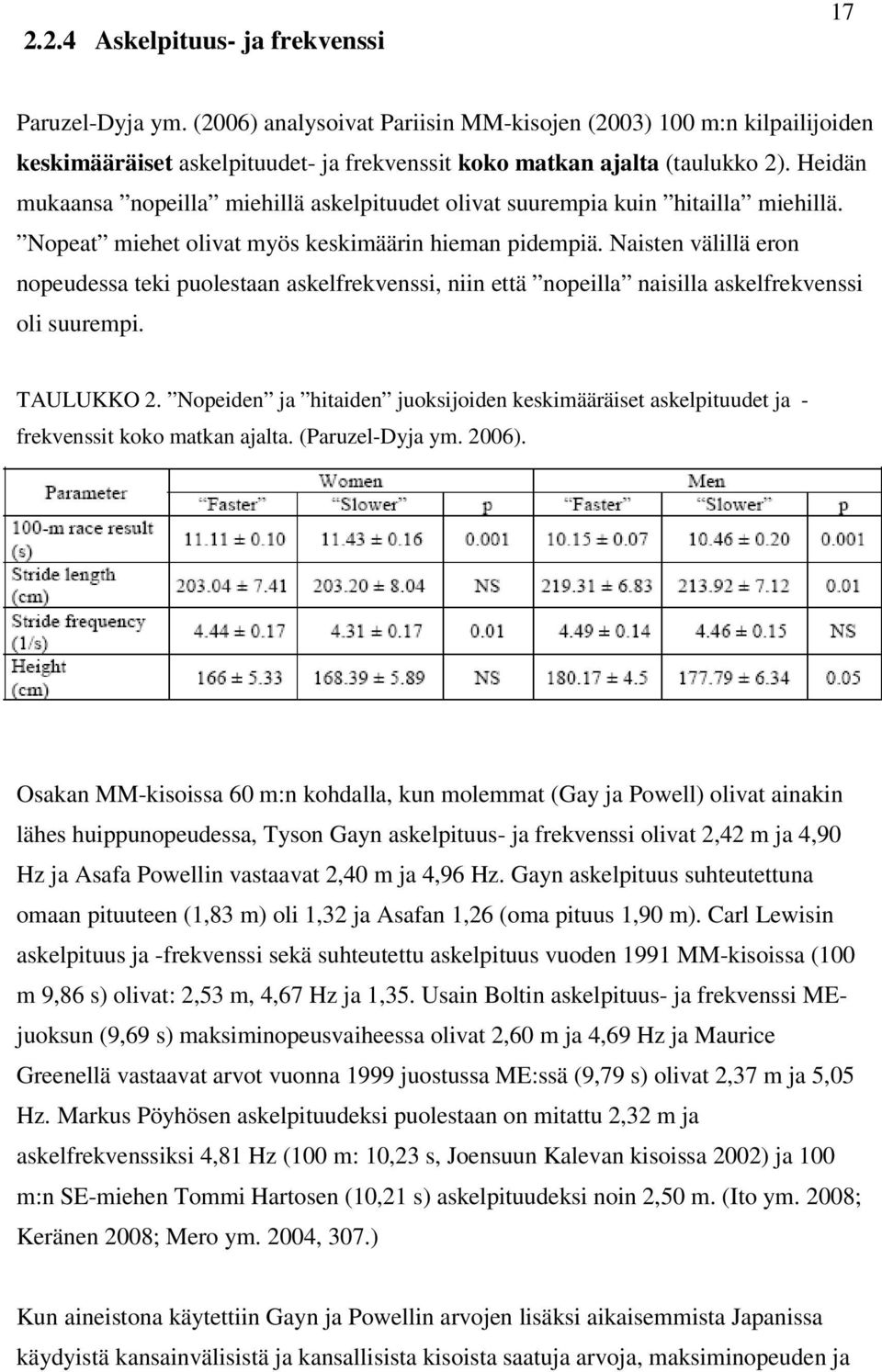 Heidän mukaansa nopeilla miehillä askelpituudet olivat suurempia kuin hitailla miehillä. Nopeat miehet olivat myös keskimäärin hieman pidempiä.