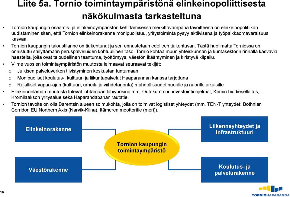 uudistaminen siten, että Tornion elinkeinorakenne monipuolistuu, yritystoiminta pysyy aktiivisena ja työpaikkaomavaraisuus kasvaa.