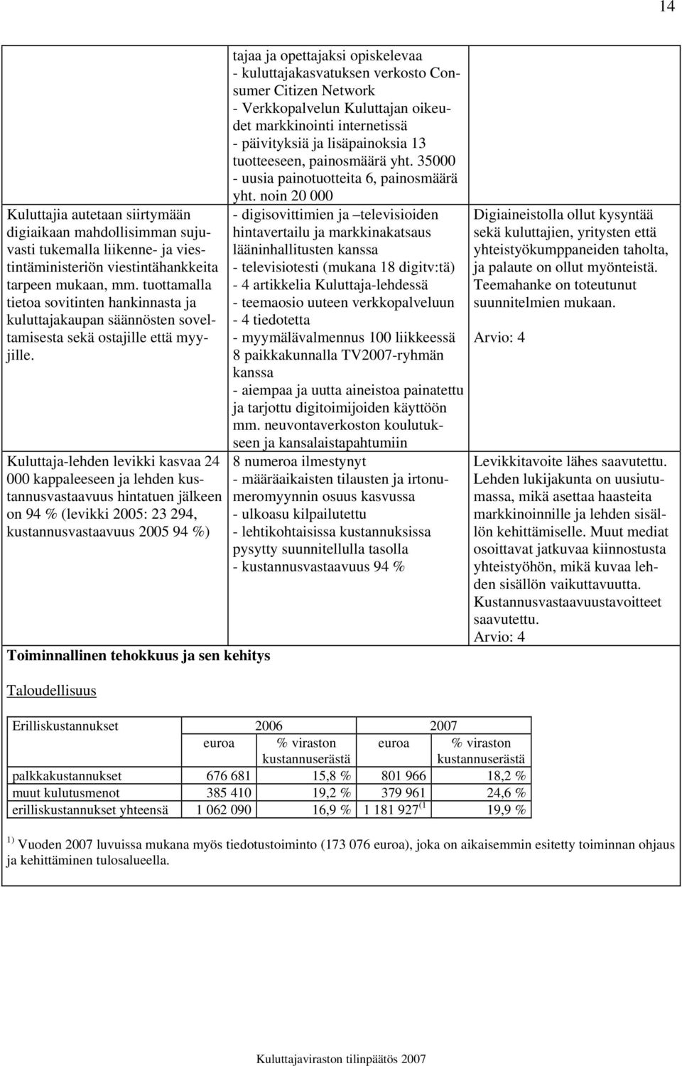 Kuluttaja-lehden levikki kasvaa 24 000 kappaleeseen ja lehden kustannusvastaavuus hintatuen jälkeen on 94 % (levikki 2005: 23 294, kustannusvastaavuus 2005 94 %) Toiminnallinen tehokkuus ja sen