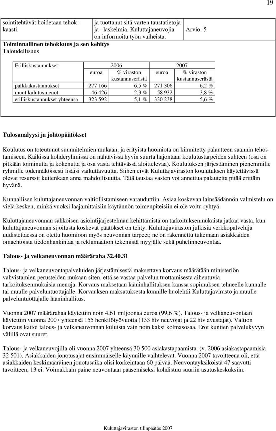 erilliskustannukset yhteensä 323 592 5,1 % 330 238 5,6 % Tulosanalyysi ja johtopäätökset Koulutus on toteutunut suunnitelmien mukaan, ja erityistä huomiota on kiinnitetty palautteen saannin