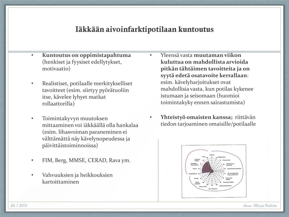 lihasvoiman paraneminen ei välttämättä näy kävelynopeudessa ja päivittäistoiminnoissa) Yleensä vasta muutaman viikon kuluttua on mahdollista arvioida pitkän tähtäimen tavoitteita ja on syytä edetä