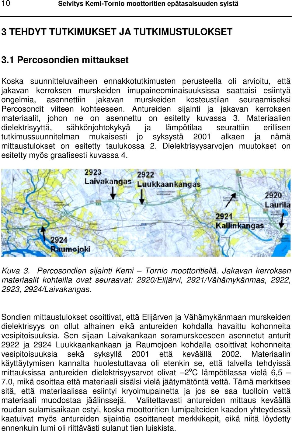 jakavan murskeiden kosteustilan seuraamiseksi Percosondit viiteen kohteeseen. Antureiden sijainti ja jakavan kerroksen materiaalit, johon ne on asennettu on esitetty kuvassa 3.