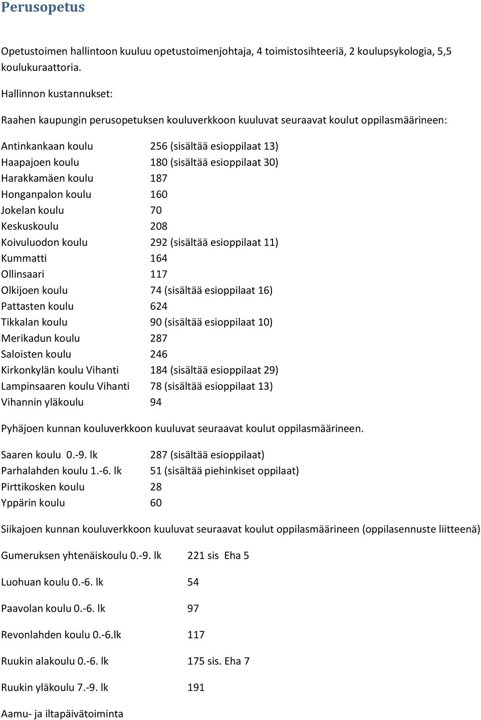 esioppilaat 30) Harakkamäen koulu 187 Honganpalon koulu 160 Jokelan koulu 70 Keskuskoulu 208 Koivuluodon koulu 292 (sisältää esioppilaat 11) Kummatti 164 Ollinsaari 117 Olkijoen koulu 74 (sisältää