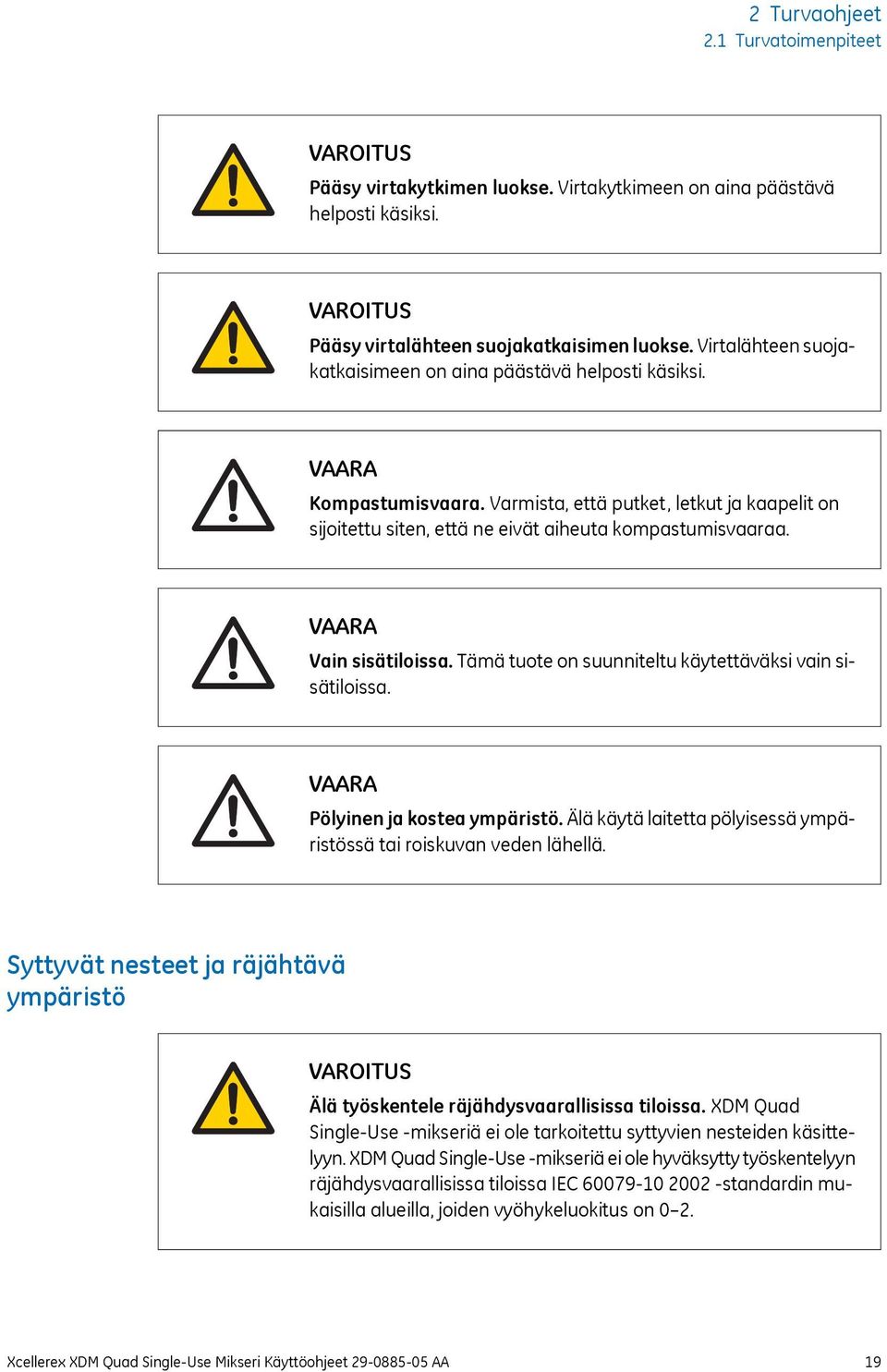 VAARA Vain sisätiloissa. Tämä tuote on suunniteltu käytettäväksi vain sisätiloissa. VAARA Pölyinen ja kostea ympäristö. Älä käytä laitetta pölyisessä ympäristössä tai roiskuvan veden lähellä.