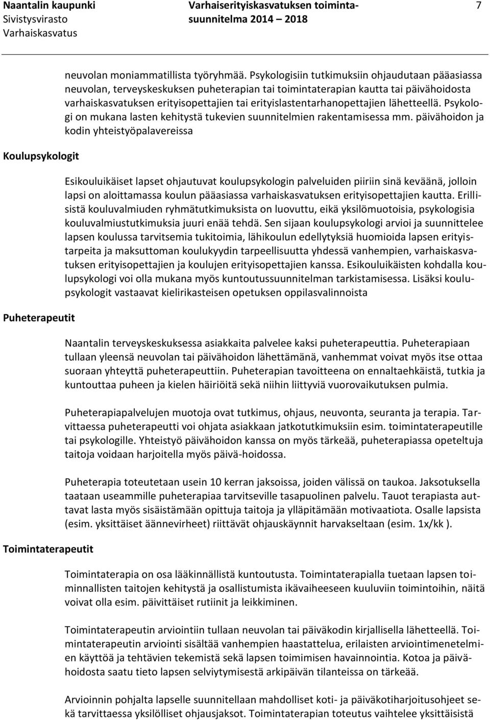 erityislastentarhanopettajien lähetteellä. Psykologi on mukana lasten kehitystä tukevien suunnitelmien rakentamisessa mm.