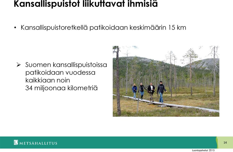 keskimäärin 15 km Suomen kansallispuistoissa