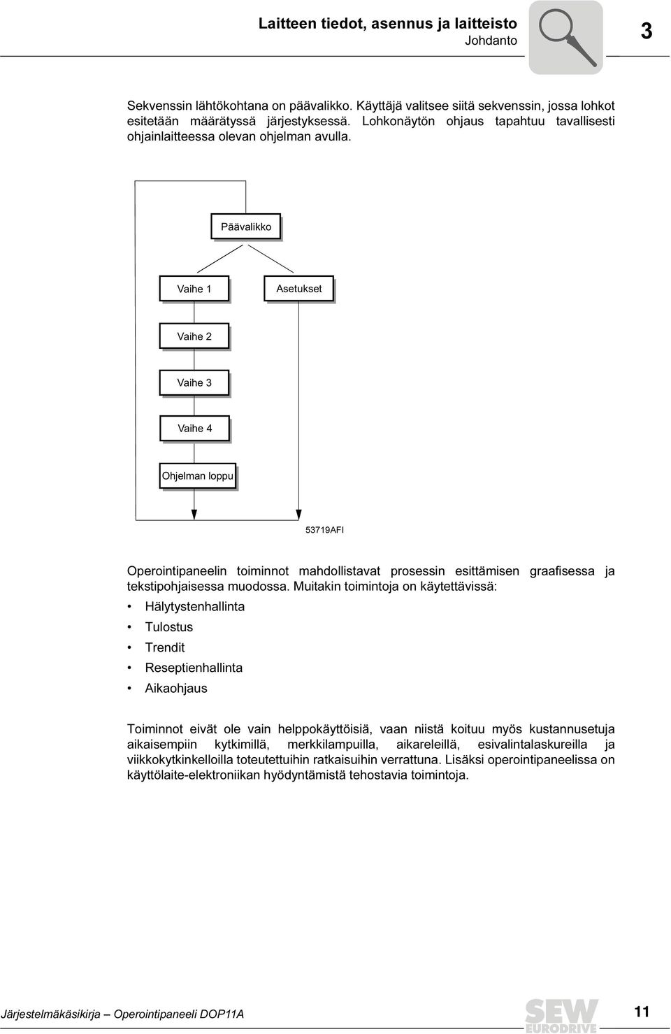 Päävalikko Vaihe 1 Asetukset Vaihe 2 Vaihe 3 Vaihe 4 Ohjelman loppu 53719AF Operointipaneelin toiminnot mahdollistavat prosessin esittämisen graafisessa ja tekstipohjaisessa muodossa.