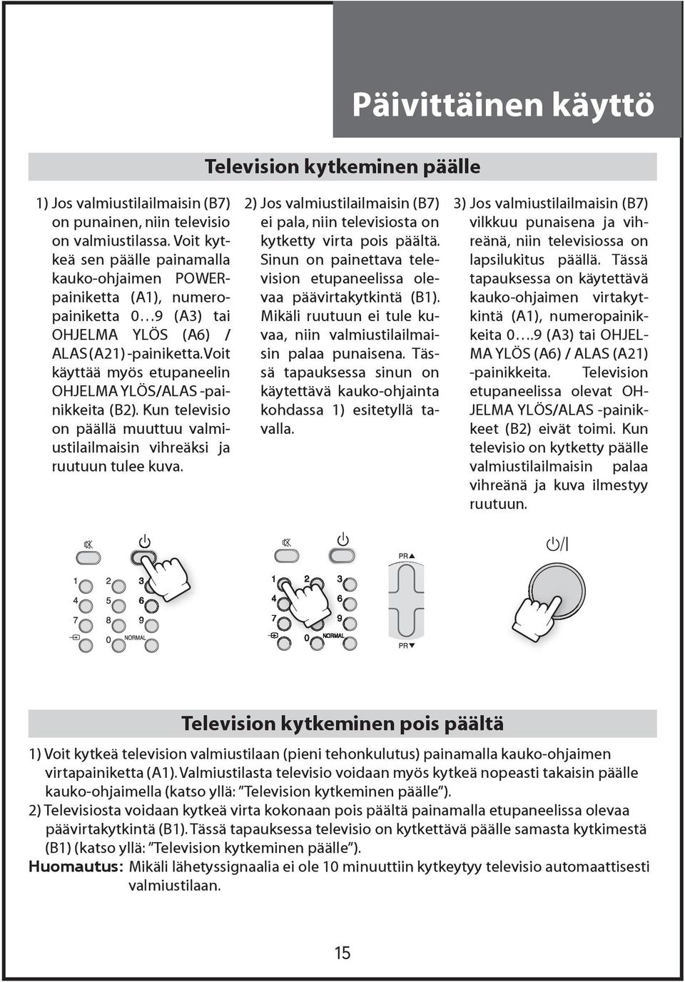 Voit käyttää myös etupaneelin OHJELMA YLÖS/ALAS -painikkeita (B2). Kun televisio on päällä muuttuu valmiustilailmaisin vihreäksi ja ruutuun tulee kuva.