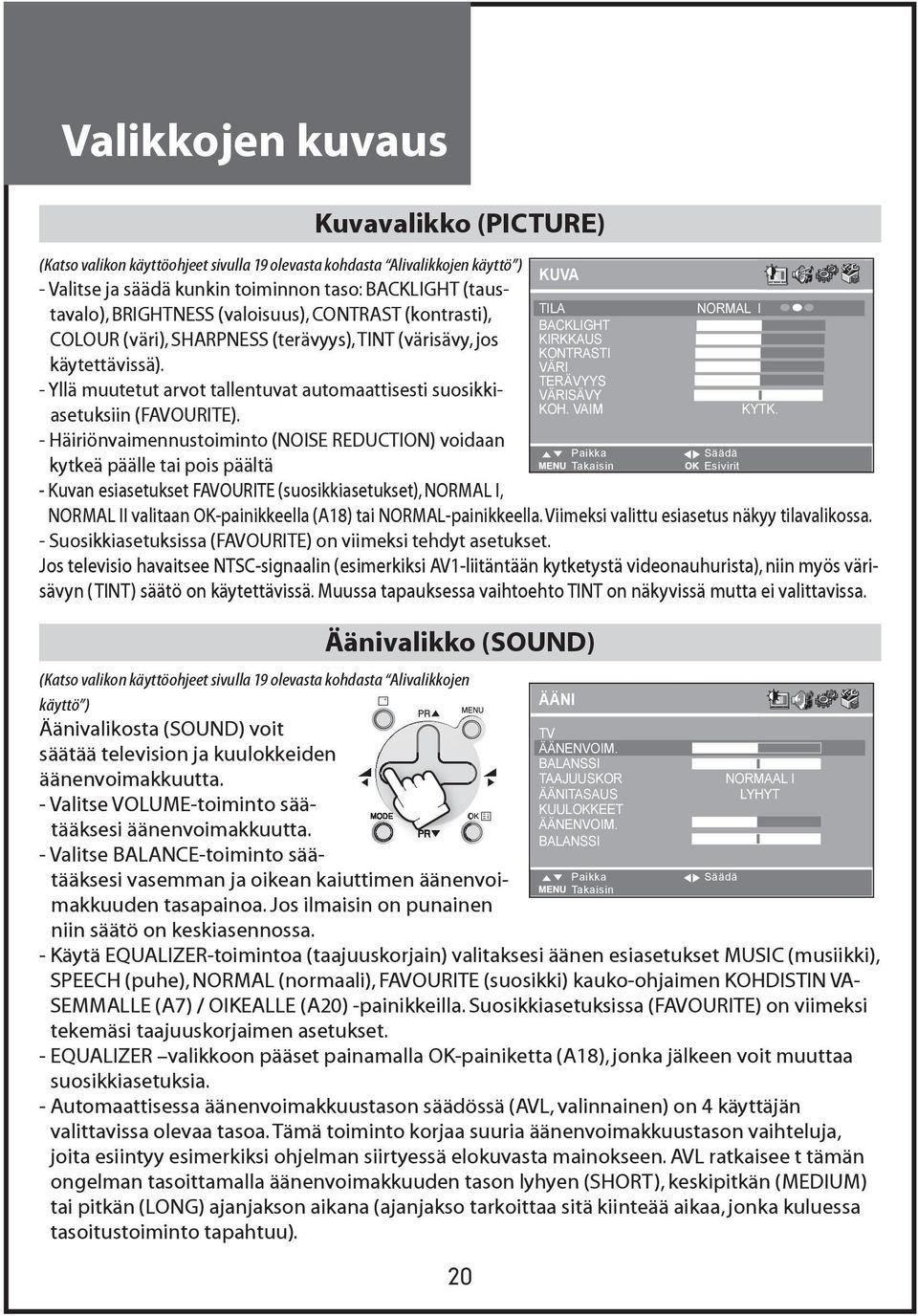 - Häiriönvaimennustoiminto (NOISE REDUCTION) voidaan kytkeä päälle tai pois päältä - Kuvan esiasetukset FAVOURITE (suosikkiasetukset), NORMAL I, 20 KUVA TILA BACKLIGHT KIRKKAUS KONTRASTI VÄRI