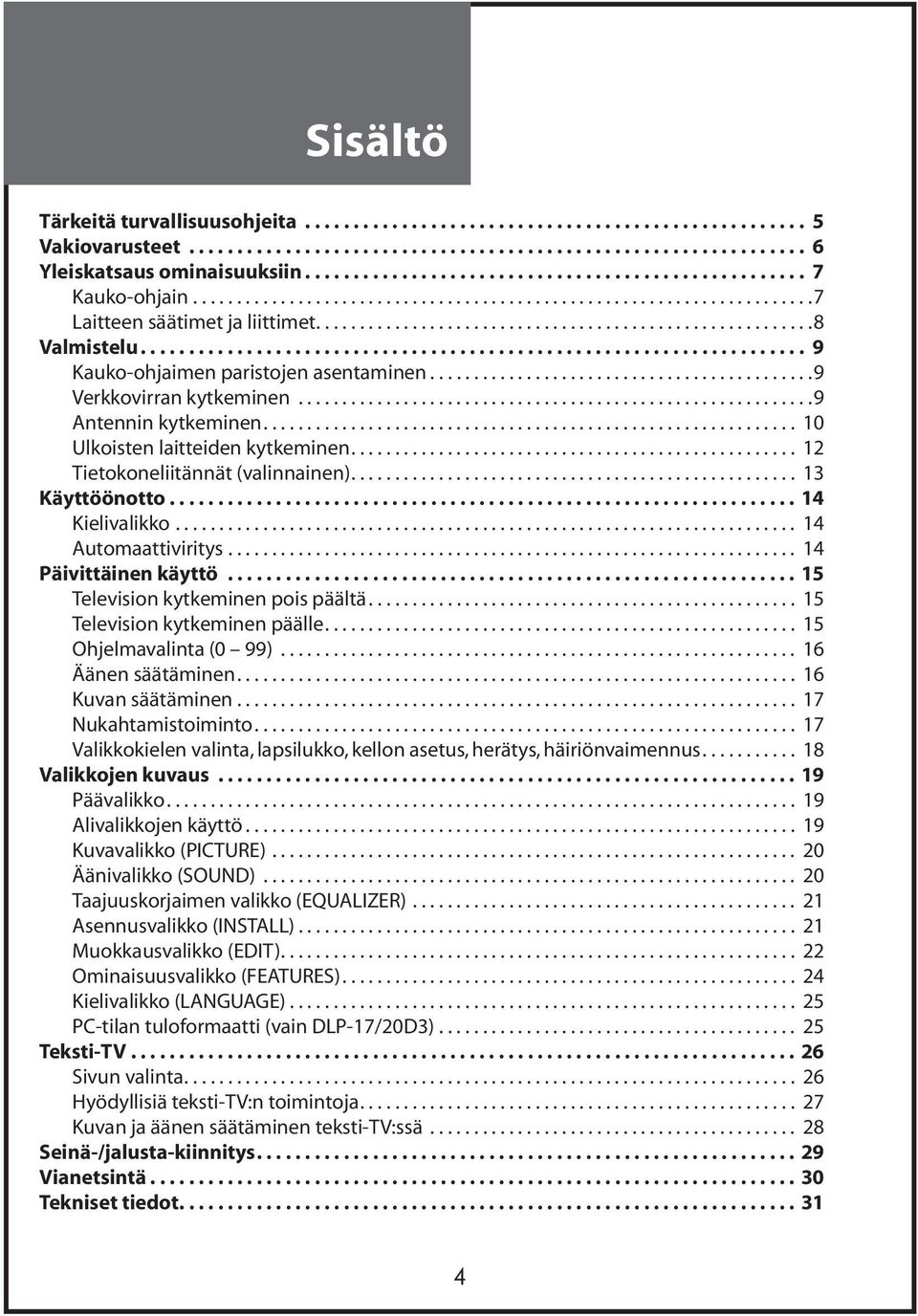 .................................................................... 9 Kauko-ohjaimen paristojen asentaminen............................................9 Verkkovirran kytkeminen...........................................................9 Antennin kytkeminen.