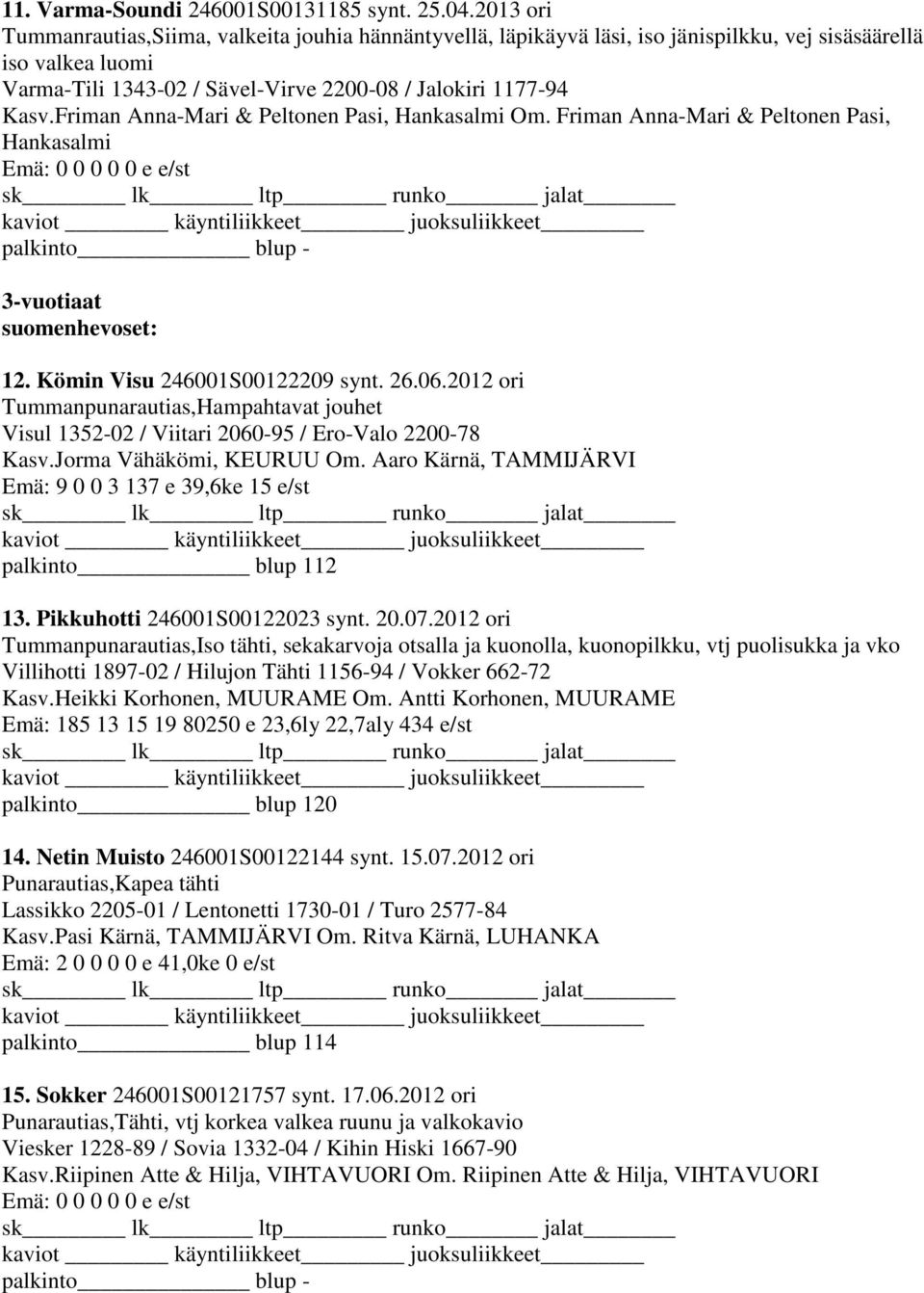 Friman Anna-Mari & Peltonen Pasi, Hankasalmi Om. Friman Anna-Mari & Peltonen Pasi, Hankasalmi 3-vuotiaat suomenhevoset: 12. Kömin Visu 246001S00122209 synt. 26.06.